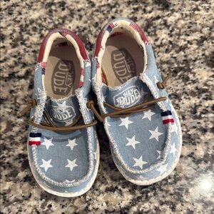 Hey Dude Blue and White Moccasins with Star Pattern